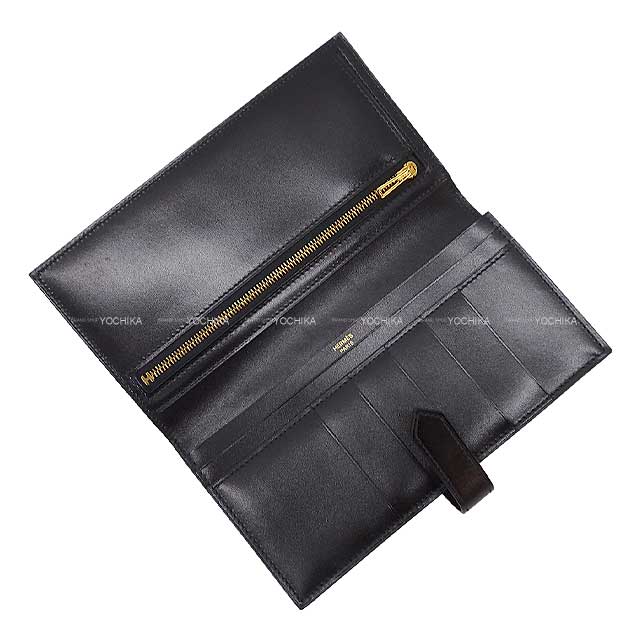 HERMES long wallet Bearn Soufflet Noir (Black) Box Calf Gold HW Stamp X[EXCELLENT][Authentic]