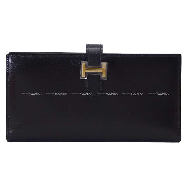 HERMES long wallet Bearn Soufflet Noir (Black) Box Calf Gold HW Stamp X[EXCELLENT][Authentic]