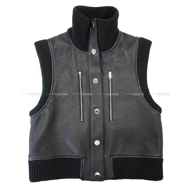 [Pre-loved] HERMES Vests Ladies Sellier Button Shortjacket Different fabrics change Noir (Black) Deerskin/cashmere/polyester 34[LIKE NEW][Authentic]