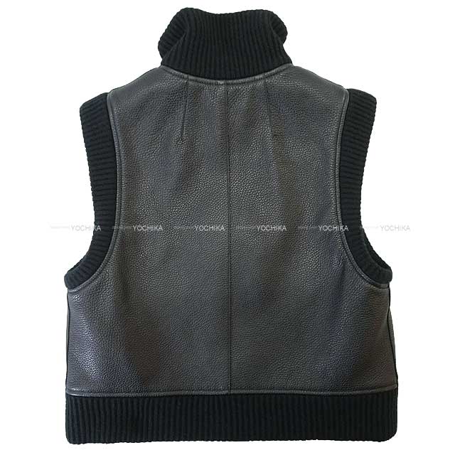 [Pre-loved] HERMES Vests Ladies Sellier Button Shortjacket Different fabrics change Noir (Black) Deerskin/cashmere/polyester 34[LIKE NEW][Authentic]