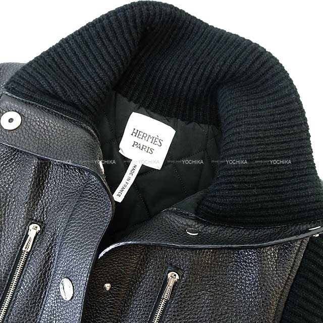 [Pre-loved] HERMES Vests Ladies Sellier Button Shortjacket Different fabrics change Noir (Black) Deerskin/cashmere/polyester 34[LIKE NEW][Authentic]