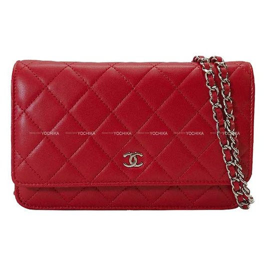 [Pre-loved] CHANEL Chain wallet Matelasse COCO mark Red Lambskin Silver HW AP0250[LIKE NEW][Authentic]