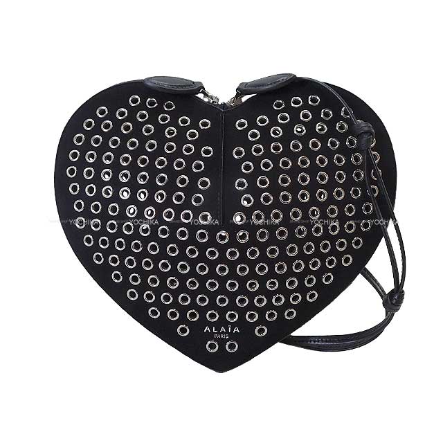 ALAIA Shoulder bag Le Coeur Heart Studs Noir (Black) Suede Goat skin/Skin eyelet Silver HW[EXCELLENT][Authentic]