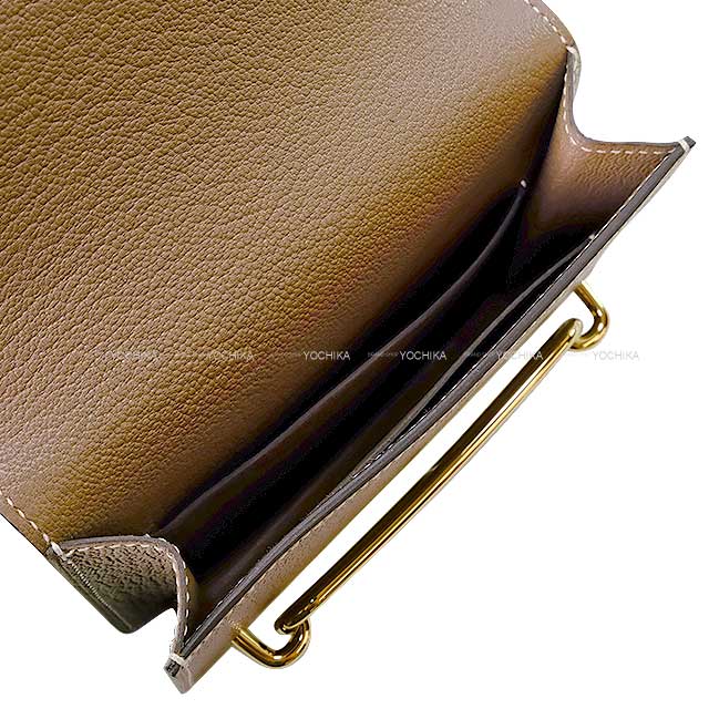 HERMES Bi-fold wallet Roulis Slim Etoupe Chevre Myzore Champagne Gold HW Stamp U[EXCELLENT][Authentic]