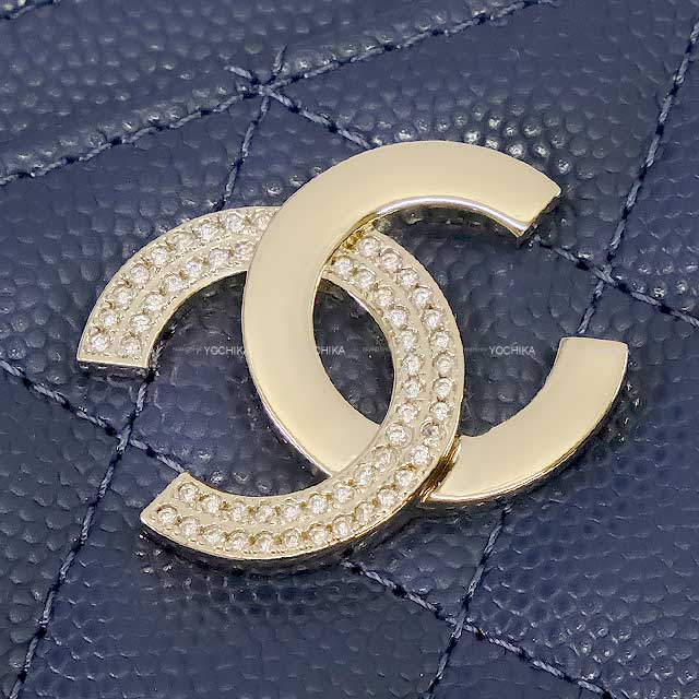 CHANEL card holder Matelasse Coco Mark Half rhinestone Strass Navy Graind Calf(Caviarskin) Champagne Gold HW AP3139[BRAND NEW][Authentic]