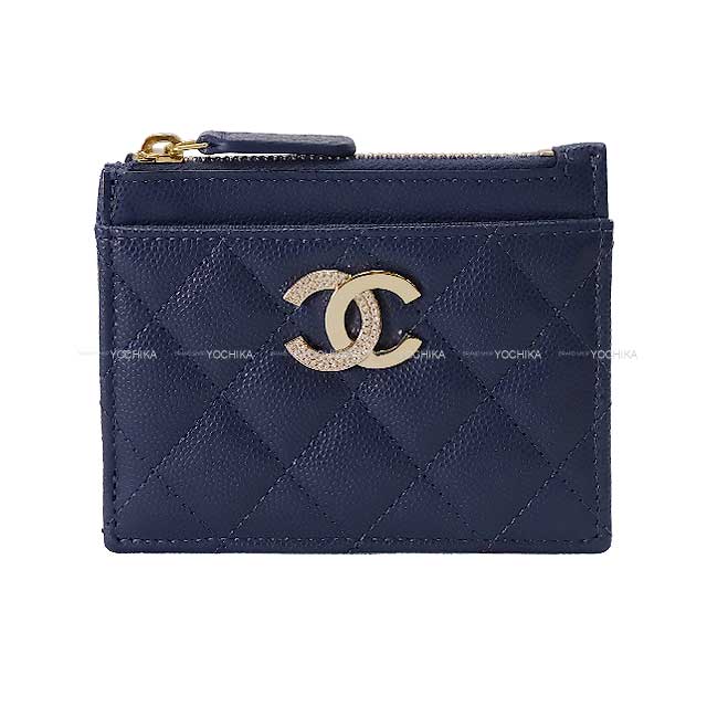 CHANEL card holder Matelasse Coco Mark Half rhinestone Strass Navy Graind Calf(Caviarskin) Champagne Gold HW AP3139[BRAND NEW][Authentic]