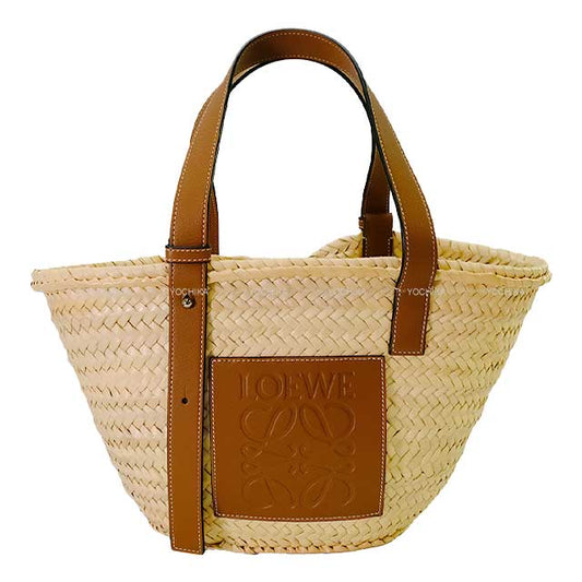 LOEWE Handbag Basket medium basket 327.02.S92 Natural/Tan Palm Leaf/Calf W: 10.2"(bottom) - 16.5"(top) cm Silver HW[EXCELLENT][Authentic]