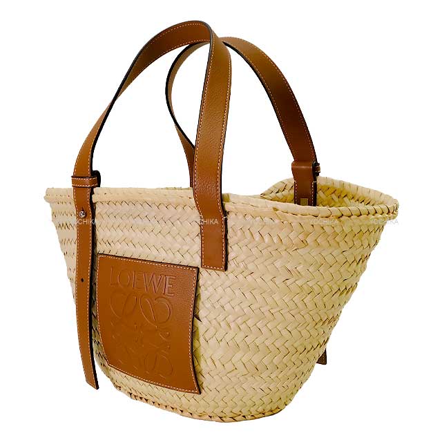 LOEWE Handbag Basket medium basket 327.02.S92 Natural/Tan Palm Leaf/Calf W: 10.2"(bottom) - 16.5"(top) cm Silver HW[EXCELLENT][Authentic]