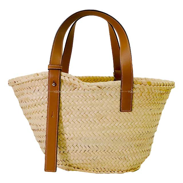 LOEWE Handbag Basket medium basket 327.02.S92 Natural/Tan Palm Leaf/Calf W: 10.2"(bottom) - 16.5"(top) cm Silver HW[EXCELLENT][Authentic]
