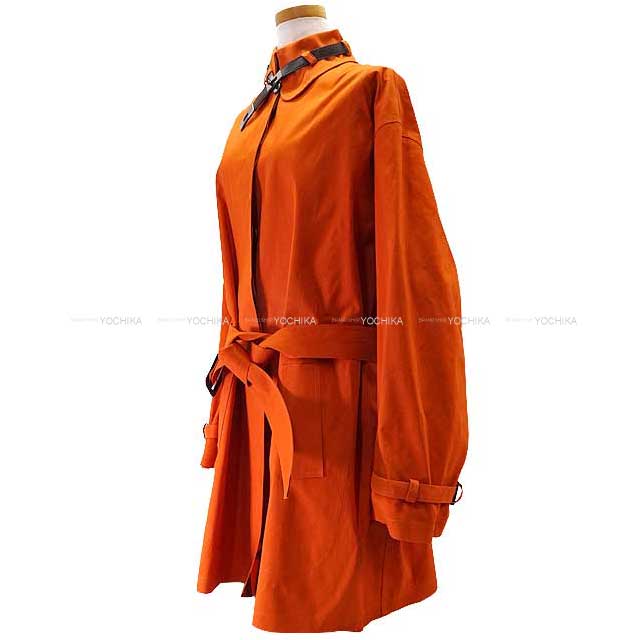 [Pre-loved] HERMES Trench coat by Martin Margiela Ladies Bolduc Ribbon Macintosh Kelly belt #SM Orange Cotton100% #SM Silver HW[LIKE NEW][Authentic]