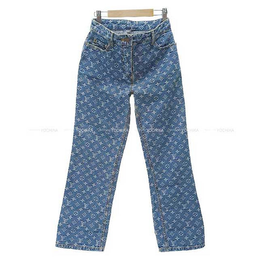 LOUIS VUITTON Denim Pants Ladies patterned jeans Monogram Blue Cotton100% 38 RW0151B WGPA13CF7[EXCELLENT][Authentic]