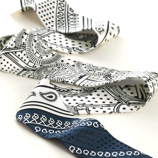 HERMES scarf Twilly Eperon d'Or Bandana White/Marine/Black Silk100%[EXCELLENT][Authentic]