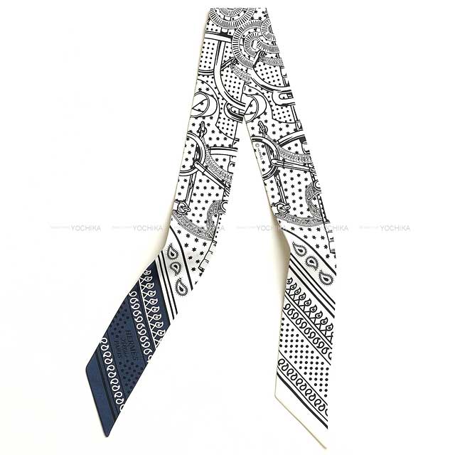 HERMES scarf Twilly Eperon d'Or Bandana White/Marine/Black Silk100%[EXCELLENT][Authentic]