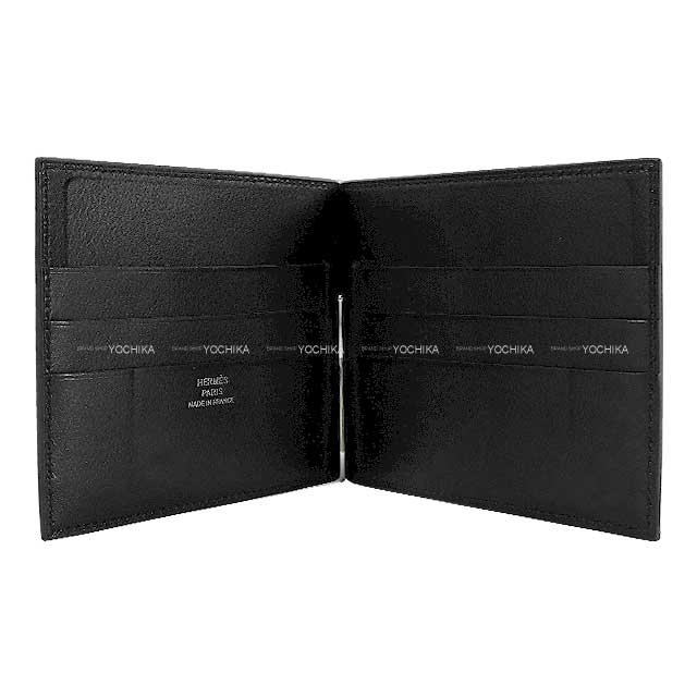 HERMES Bi-fold wallet Bifold billfold wallet with money clip Poker GM Noir (Black) Ever Grain Silver HW Stamp W[EXCELLENT][Authentic]