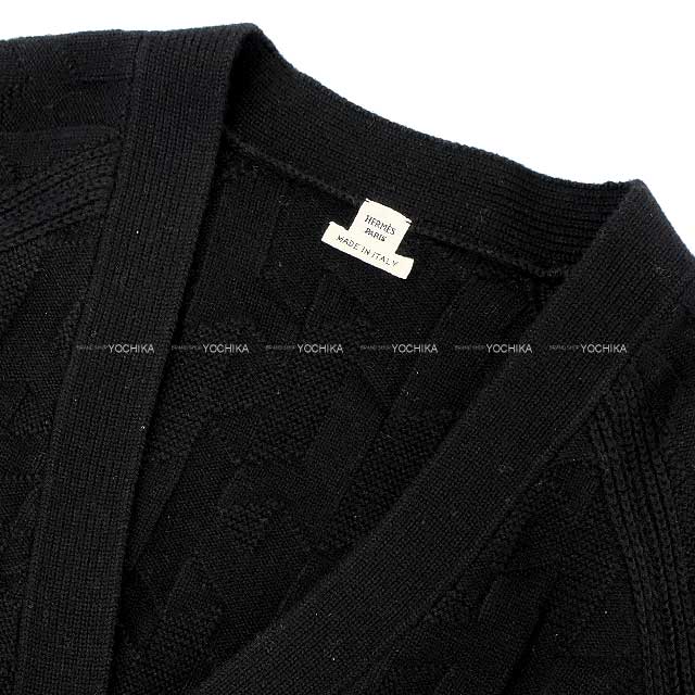 HERMES Cardigan Ladies V neck H motif College Small fit Knit Softer wear #38 Noir (Black) Fur/Nylon/Polyurethane[EXCELLENT][Authentic]