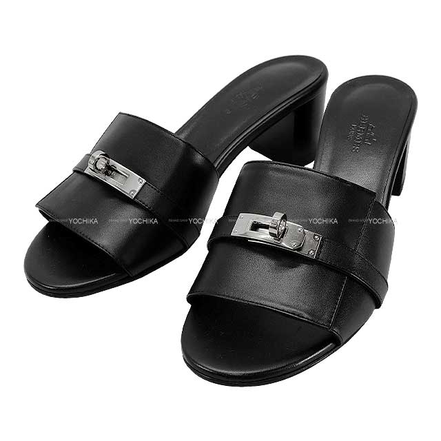 HERMES sandals Gigi50 #37.5 Noir (Black) Calf Silver HW[EXCELLENT][Authentic]