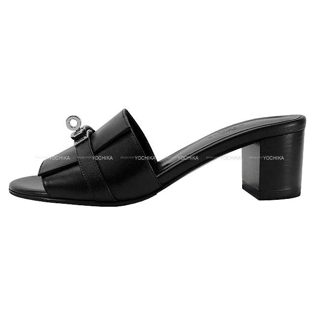 HERMES sandals Gigi50 #37.5 Noir (Black) Calf Silver HW[EXCELLENT][Authentic]