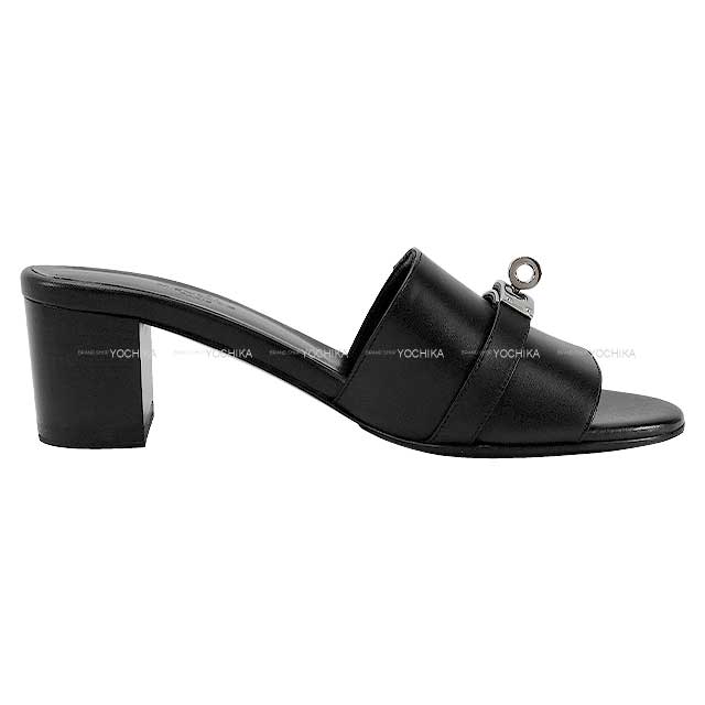 HERMES sandals Gigi50 #37.5 Noir (Black) Calf Silver HW[EXCELLENT][Authentic]