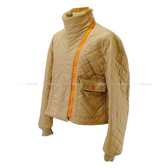 2023 HERMES Blouson Ladies Clou de Selle patch Short Quilting Jacket Beige/Orange Polyester 34 Silver HW[EXCELLENT][Authentic]