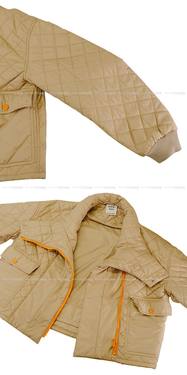 2023 HERMES Blouson Ladies Clou de Selle patch Short Quilting Jacket Beige/Orange Polyester 34 Silver HW[EXCELLENT][Authentic]