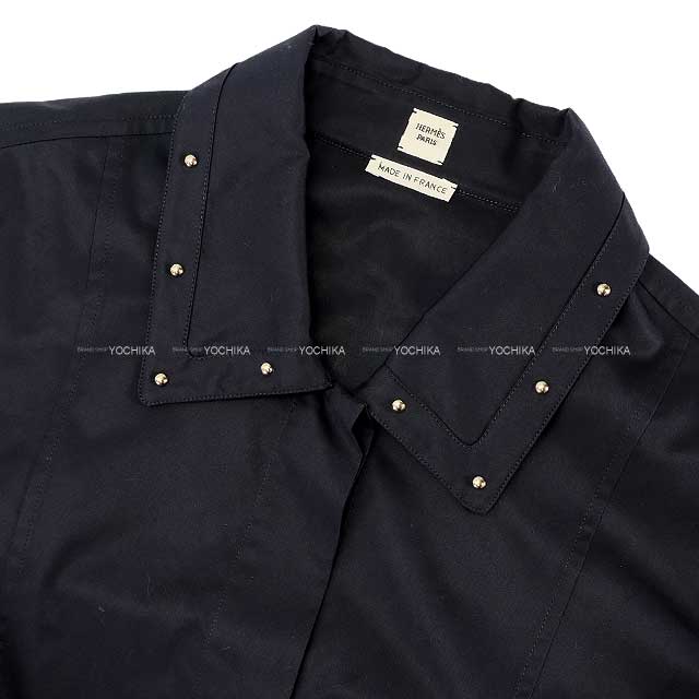 [Pre-loved] 2022 SS HERMES One‐piece dress Shirt Ladies' Studs belt #38 Navy Cotton100% 38[LIKE NEW][Authentic]