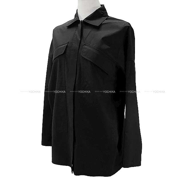 [Pre-loved] HERMES Long sleeve shirt Button Caleche Logo embroidery #34 Noir (Black) Cotton100% #34[LIKE NEW][Authentic]
