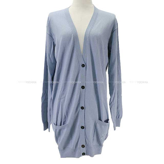 [Pre-loved] HERMES Cardigan Ladies Long Vneck Embroidery Bleugray Cashmere50% / Silk50% 38[LIKE NEW][Authentic]