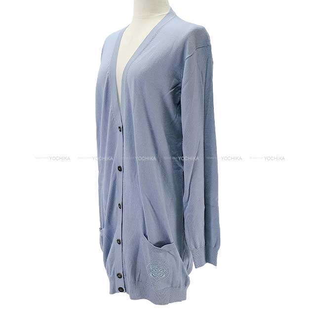 [Pre-loved] HERMES Cardigan Ladies Long Vneck Embroidery Bleugray Cashmere50% / Silk50% 38[LIKE NEW][Authentic]