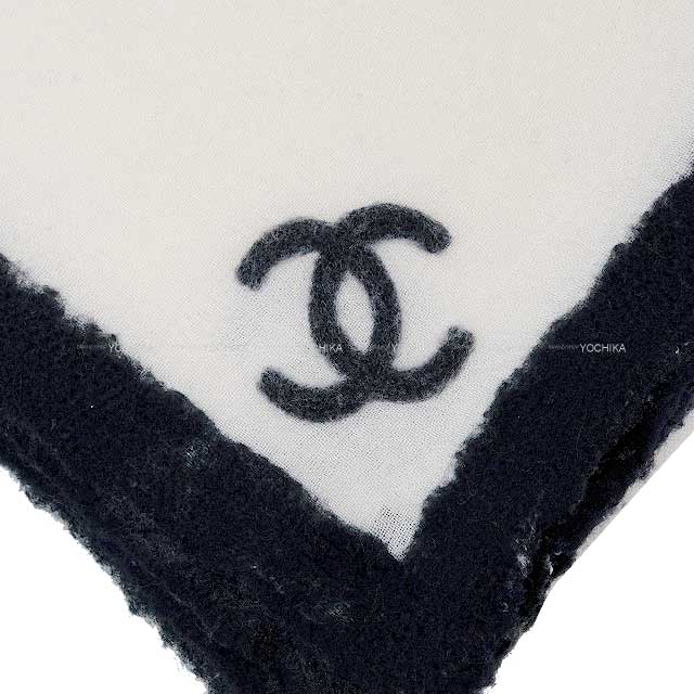 [Pre-loved] CHANEL Stall COCO mark Bicolor Blanc (White)/Noir (Black) Cashmere/Silk/Wool[USED SA][Authentic]