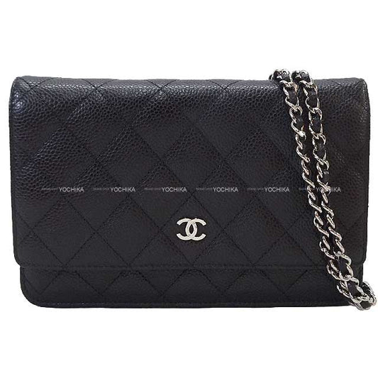 [Pre-loved] CHANEL Chain wallet Coco mark Matelasse Shoulder bag Noir (Black)/Bordeaux Graind Calf(Caviarskin) Silver HW A33814[USED SA][Authentic]