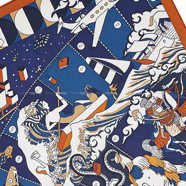 2021 AW HERMES scarf Carre 70 L'Epopee d'Hermes Caramel/Marine/Blanc (White) Silk100%[EXCELLENT][Authentic]