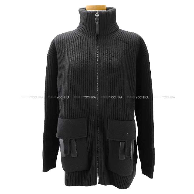 2022AW HERMES Knit Ladies Blouson H logo pocket over knit zip up Noir (Black) Wool/Lambskin 36 Silver HW[EXCELLENT][Authentic]