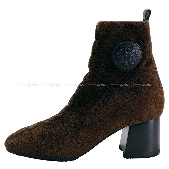 HERMES boots Short Boots Volver 60 Chestnut/Black Chenille knit/Calfskin ＃36[EXCELLENT][Authentic]