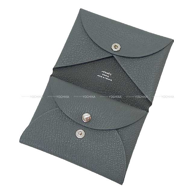 HERMES card holder Calvi Duo Verso Gris Misty/Noir (Black) Chevre Myzore Silver HW Stamp W[BRAND NEW][Authentic]