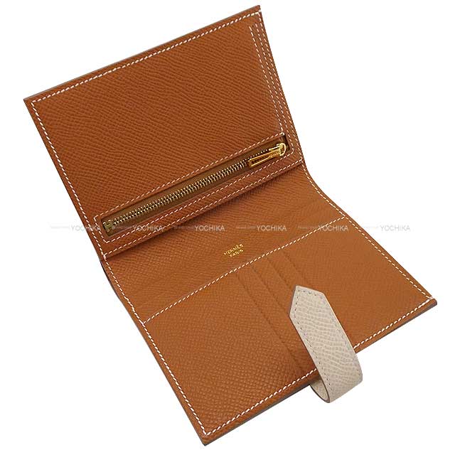 HERMES Bi-fold wallet Bearn Compact Verso  Craie/Gold Ever Grain Gold HW Stamp B[EXCELLENT][Authentic]