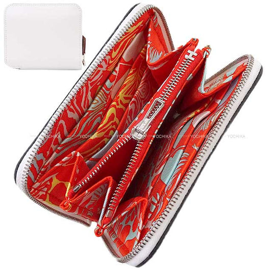 HERMES Bi-fold wallet Azap Silk'in Compact Wild New White/Capucine/Bleu Zephyr Veau Tadelakt/Volynka Russia Leather/Silk Silver HW Stamp B[BRAND NEW][Authentic]