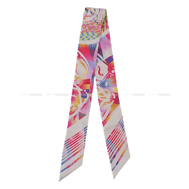 HERMES scarf Twilly Kyoto Marble Ex-Libris Rose/Blanc (White)/Blue Silk100%[ALMOST NEW][Authentic]