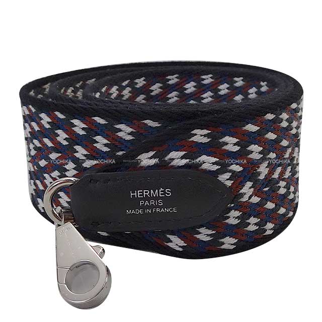 HERMES shoulder strap Bandouliere 50mm 105cm Sangles Zigzag Noir (Black)/Blanc (White)/Deep Blue Toile/Veau Swift Silver HW Stamp W[BRAND NEW][Authentic]