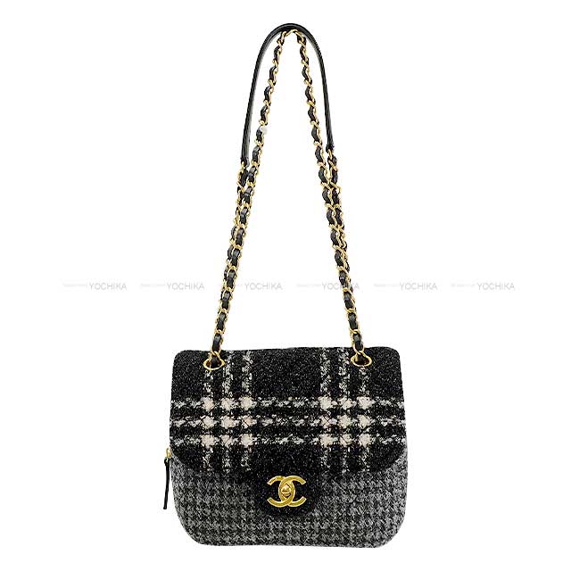 [Pre-loved] CHANEL Shoulder bag Coco mark Checked pattern Small Frap Noir (Black)/Blanc (White)/Grey Wool/Tweed Mat Gold HW AS3546[LIKE NEW][Authentic]