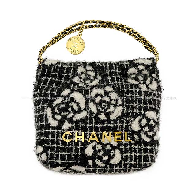 [Pre-loved] 2023 AW Limited CHANEL Shoulder bag Chanel 22 Mini Camellia Chain with Medal Charm Noir (Black)/Blanc (White) Cashmere/Jacquard Gold HW AS3980[LIKE NEW][Authentic]