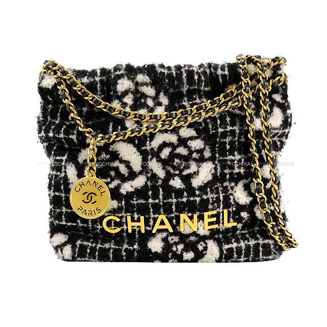 [Pre-loved] 2023 AW Limited CHANEL Shoulder bag Chanel 22 Mini Camellia Chain with Medal Charm Noir (Black)/Blanc (White) Cashmere/Jacquard Gold HW AS3980[LIKE NEW][Authentic]