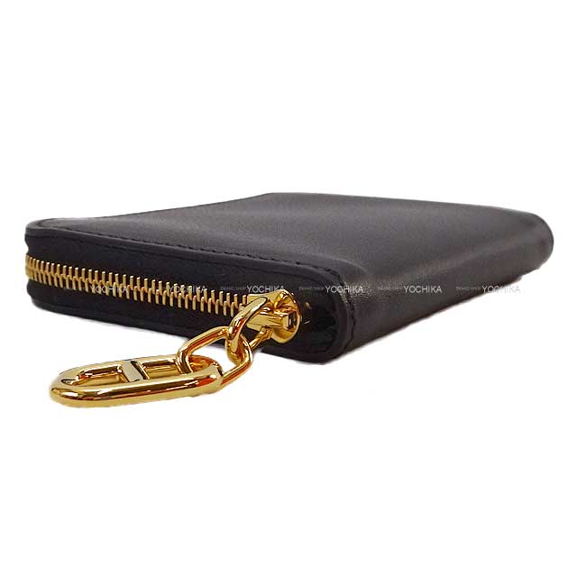 HERMES card holder Zip-Ango Compact Chaine d Angle Noir (Black) Ever Grain Gold HW Stamp W[BRAND NEW][Authentic]