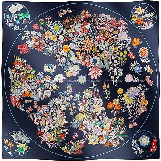 2023AW HERMES scarf Carre 90 Planifleurs Marine/Palm(9P)/Multicolor Silk100%[EXCELLENT][Authentic]