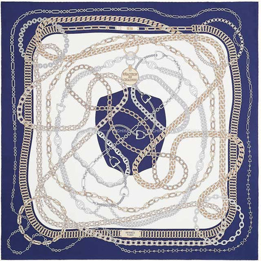 2021SS HERMES scarf Carre 90 Reaction En Chaire White/Marine Silk100%[EXCELLENT][Authentic]