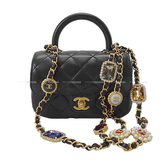 2024AW Metiers d'Art CHANEL Handbag Matelasse Coco Mark Top Handle Mini Flap Bijou & Pearl Charm jewelry chain Noir (Black) Lambskin Mat Gold HW AS4370[EXCELLENT][Authentic]