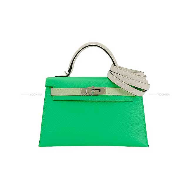 HERMES Shoulder bag Kelly mini 2 Kelly20 Tricolore Vert comics/Vert Fizz/Gris Perle Veau Epsom Silver HW Stamp B[EXCELLENT][Authentic]