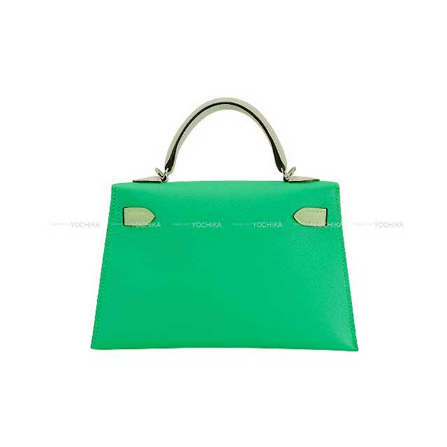 HERMES Shoulder bag Kelly mini 2 Kelly20 Tricolore Vert comics/Vert Fizz/Gris Perle Veau Epsom Silver HW Stamp B[EXCELLENT][Authentic]