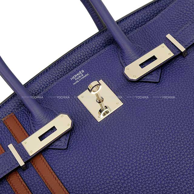 HERMES Handbag Birkin30 Officier Bleu Encre/Bordeaux Veau Togo/Veau Swift Silver HW Stamp C[EXCELLENT][Authentic]