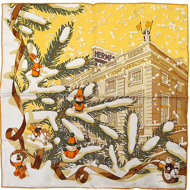 HERMES scarf Carre 45 Gavroche Noel au 24 Faubourg Jaune/Multicolor Cotton100%[EXCELLENT][Authentic]