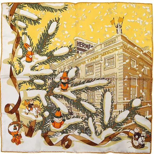 HERMES scarf Carre 45 Gavroche Noel au 24 Faubourg Jaune/Multicolor Cotton100%[EXCELLENT][Authentic]